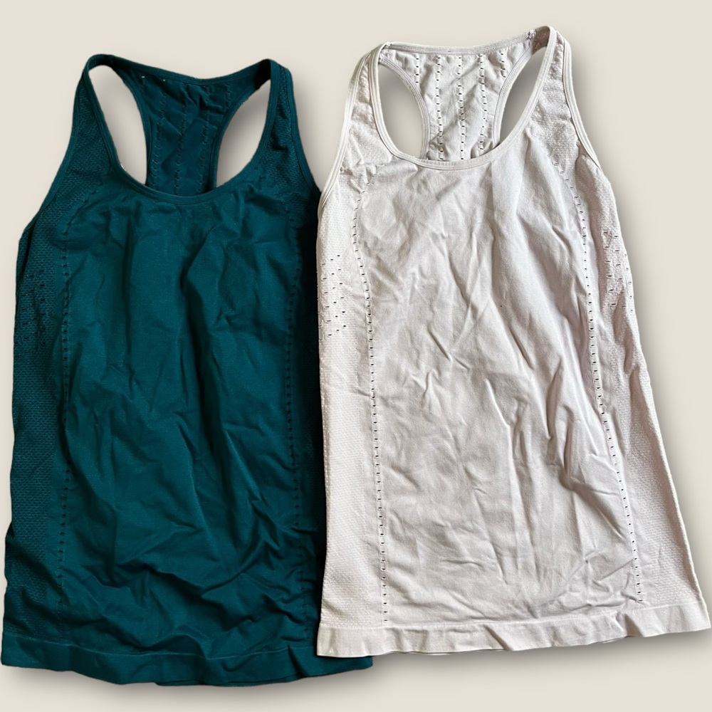 Fabletics Compress Tank Top Women's S/M Teal Pink Yoga Workout Stretchy LOT Of 2